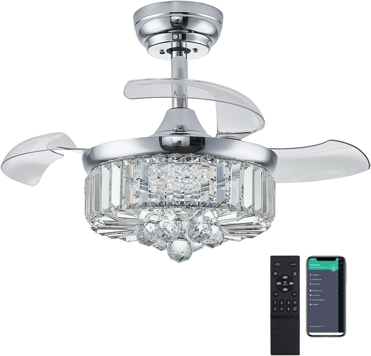 30 Inch Crystal Chandelier Ceiling Fan With Retractable Blades