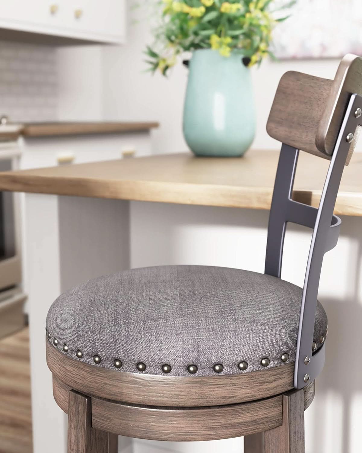 30 Inch Gray Upholstered Swivel Farmhouse Bar Stool