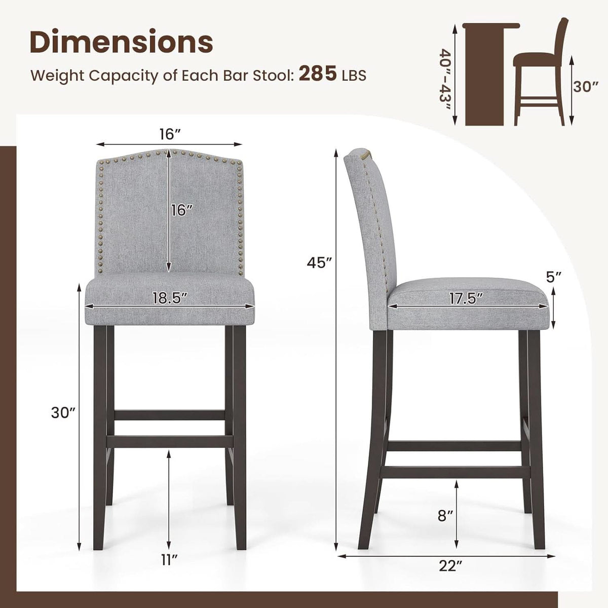 30 Inch Grey Bar Stool Set Of 2 With Nailhead Trim