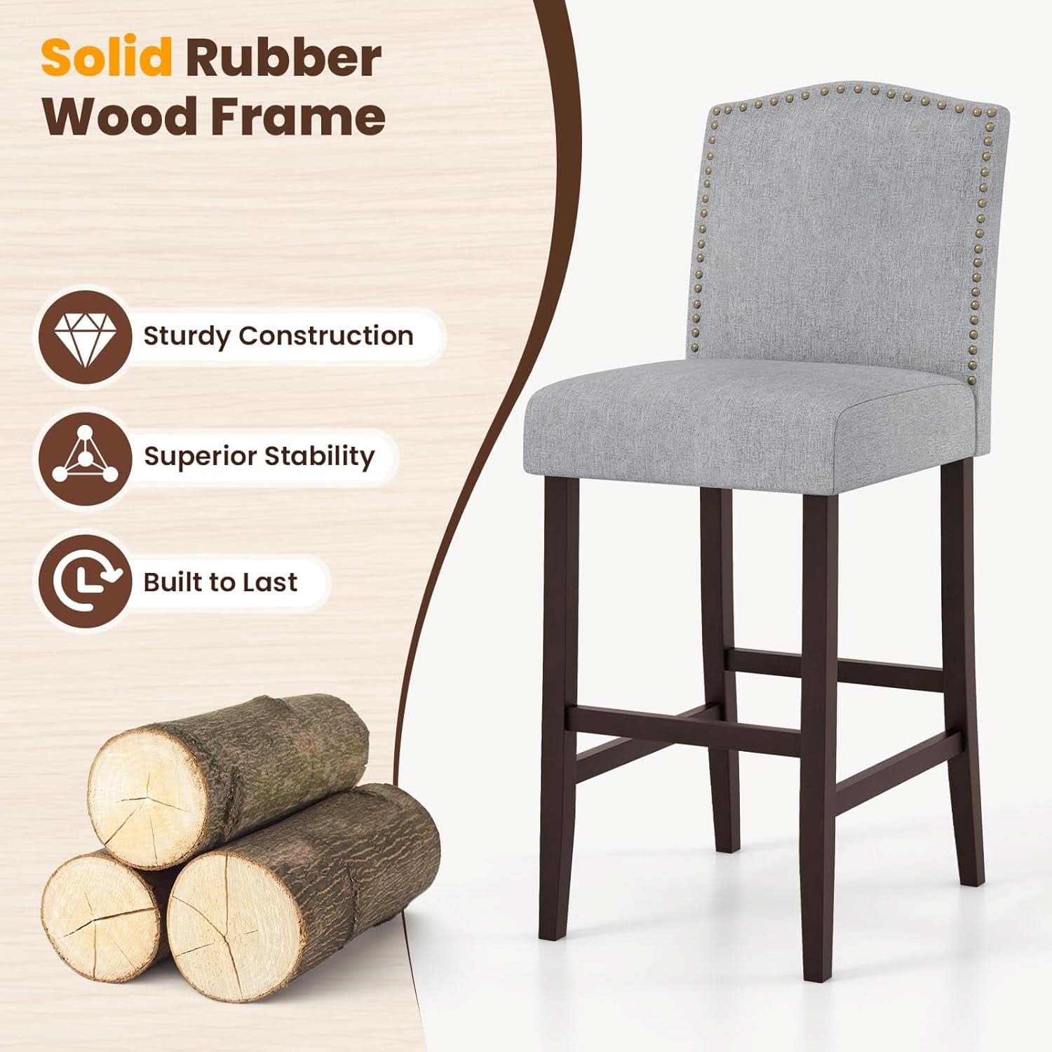 30 Inch Grey Bar Stool Set Of 2 With Nailhead Trim