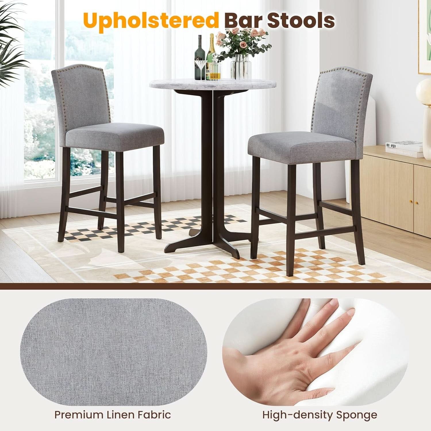30 Inch Grey Bar Stool Set Of 2 With Nailhead Trim