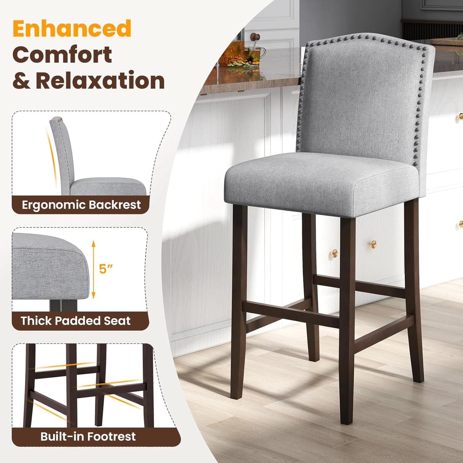30 Inch Grey Bar Stool Set Of 2 With Nailhead Trim