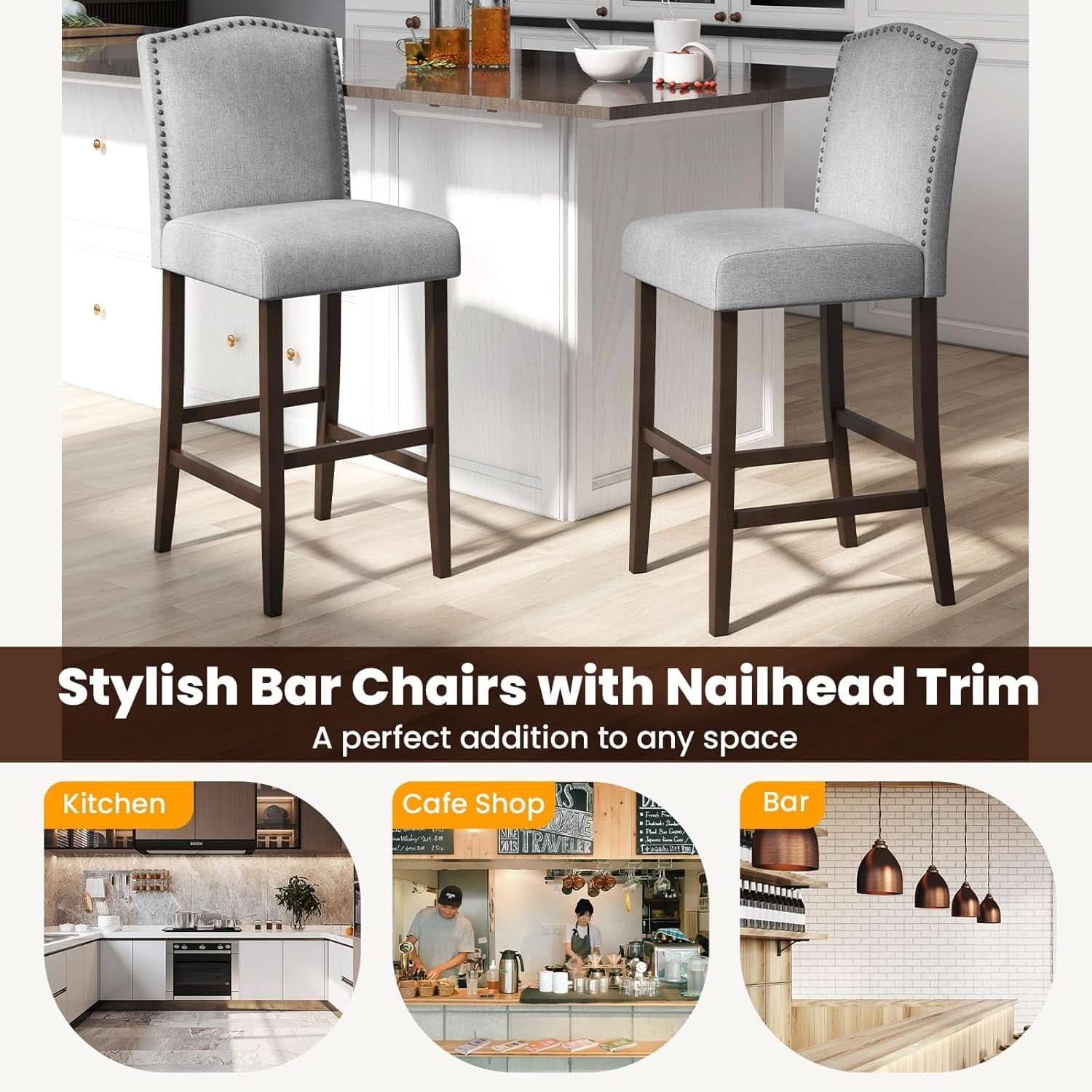 30 Inch Grey Bar Stool Set Of 2 With Nailhead Trim
