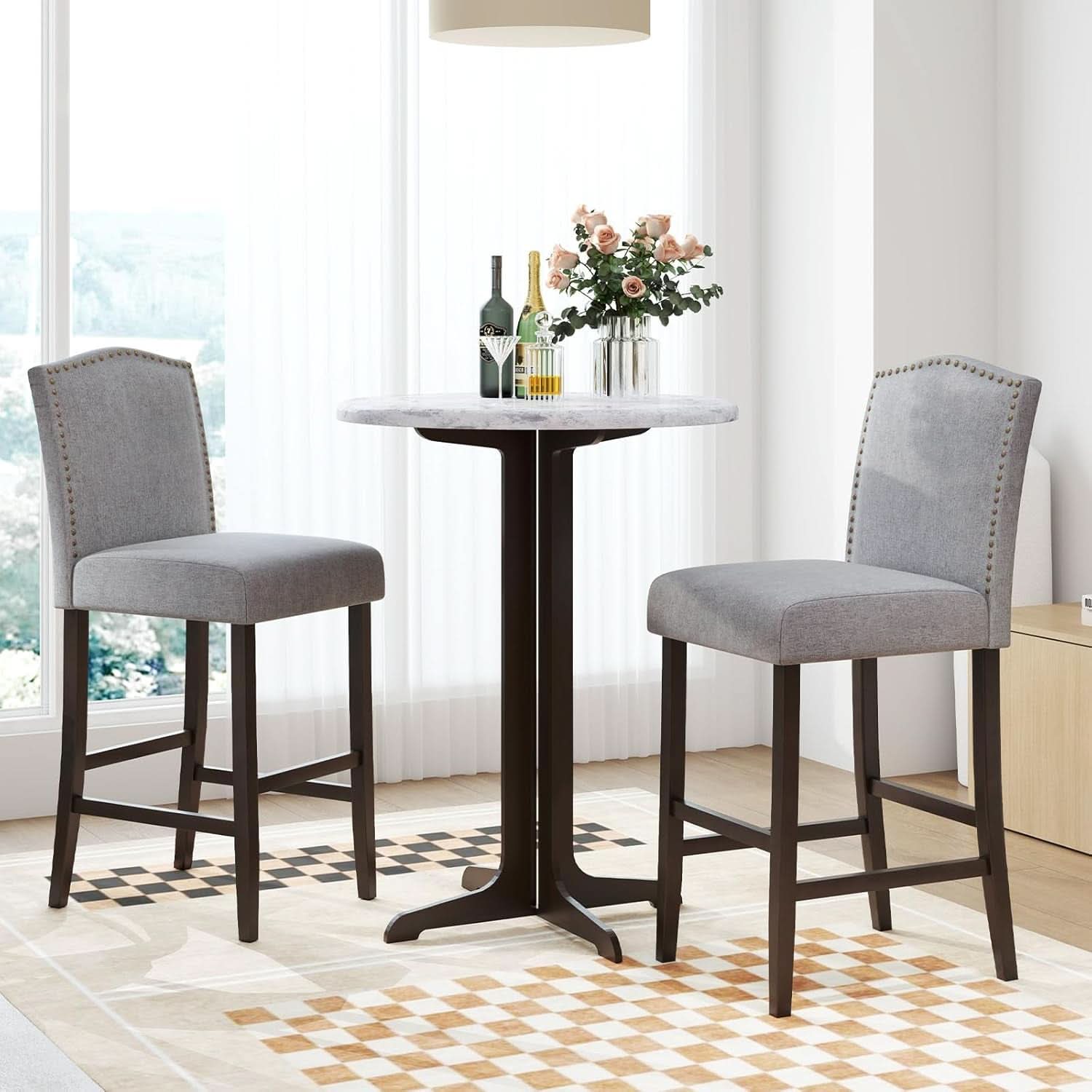 30 Inch Grey Bar Stool Set Of 2 With Nailhead Trim