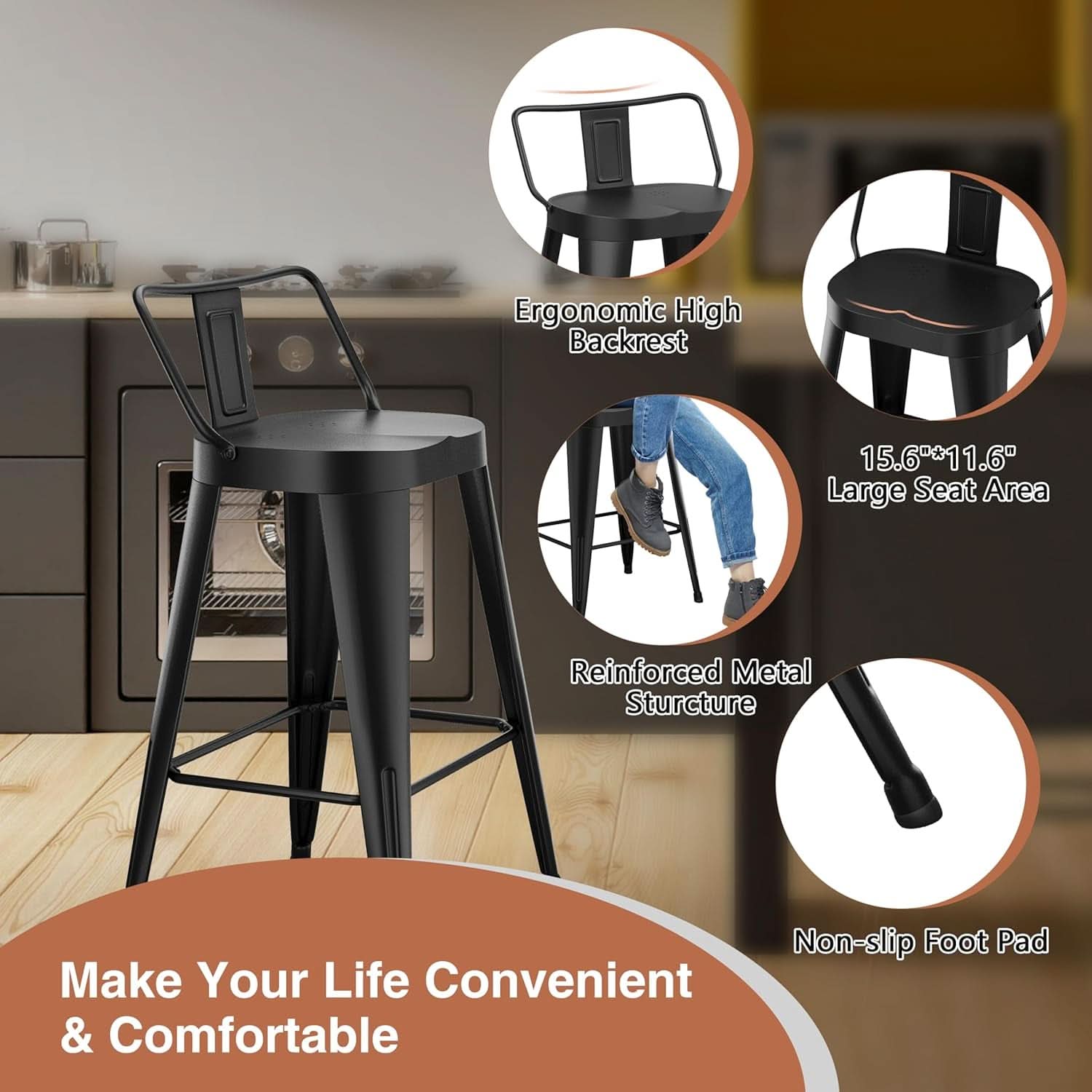 30 Inch Industrial Metal Bar Stools Set Of 4 Black