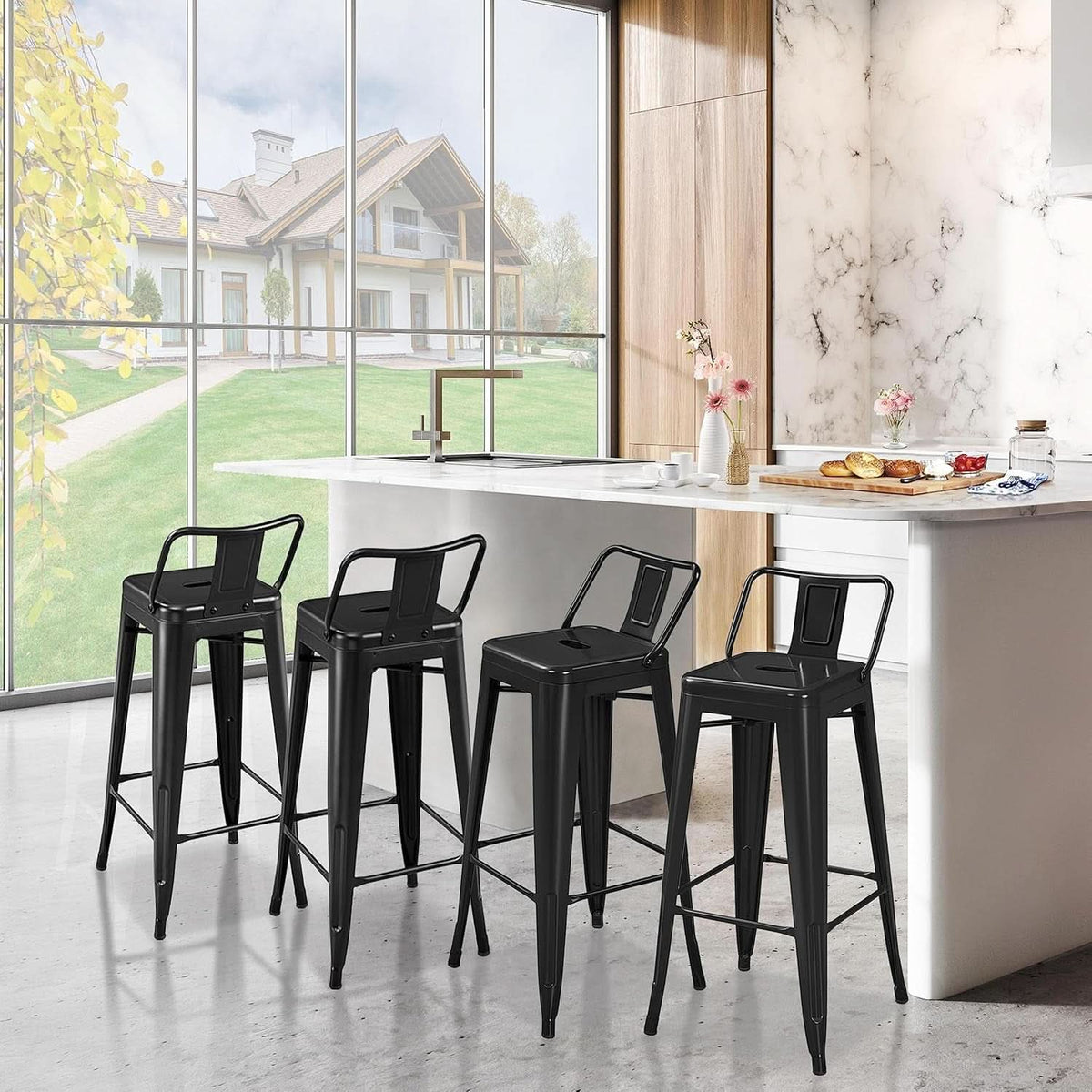 30 Inch Matte Black Metal Bar Stool Set Of 4 With Low Back