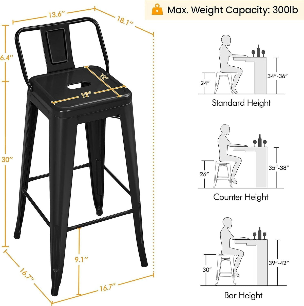 30 Inch Matte Black Metal Bar Stool Set Of 4 With Low Back