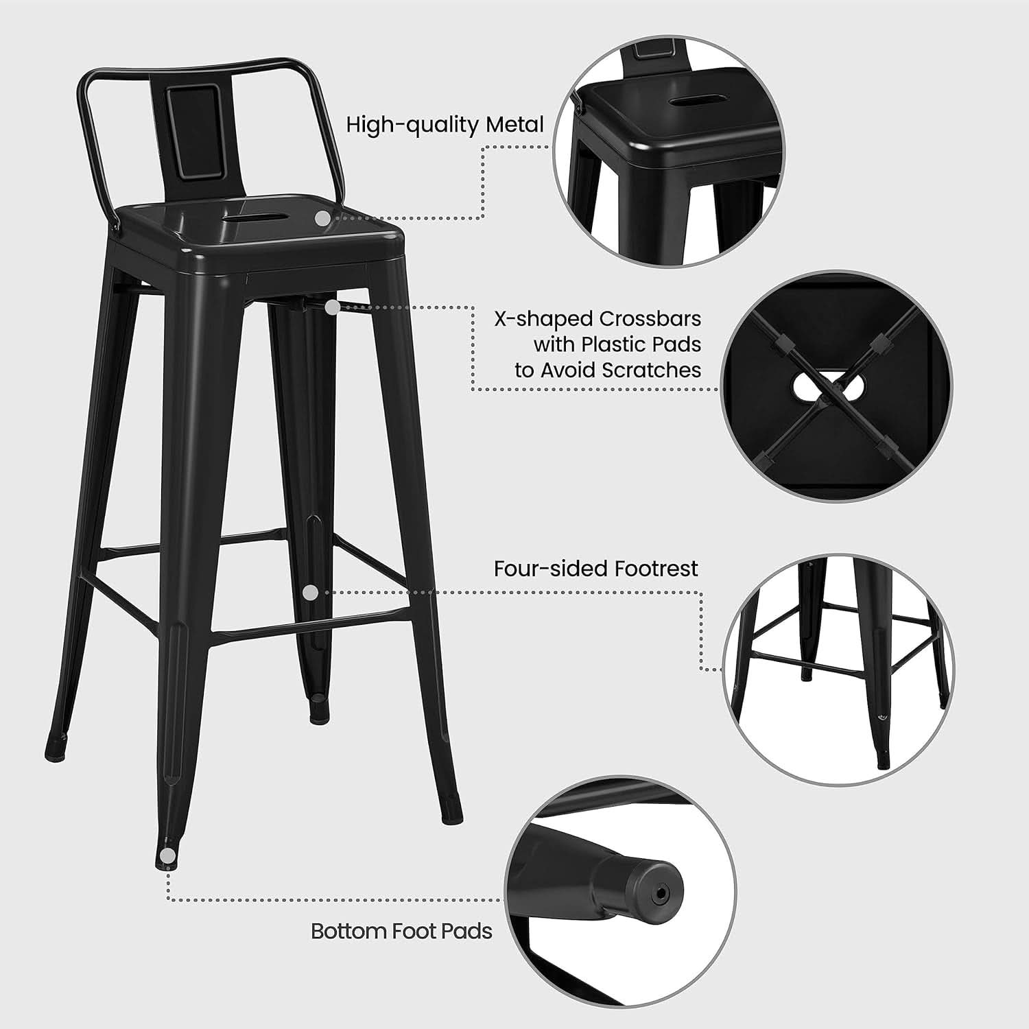 30 Inch Matte Black Metal Bar Stool Set Of 4 With Low Back