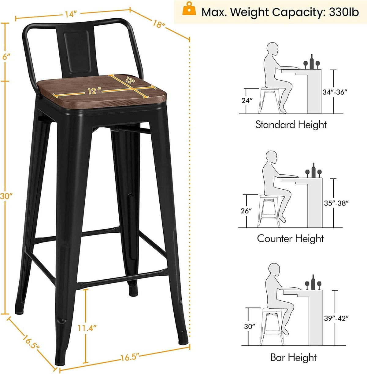 30 Inch Matte Black Metal Bar Stools Set Of 4 Wood Top