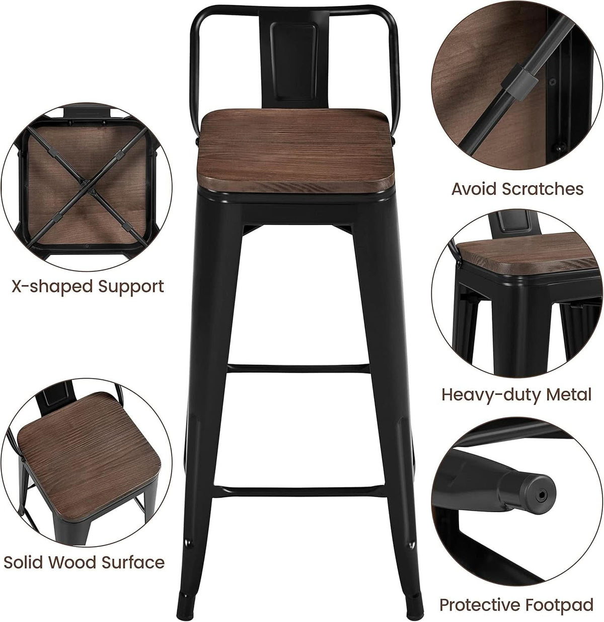 30 Inch Matte Black Metal Bar Stools Set Of 4 Wood Top