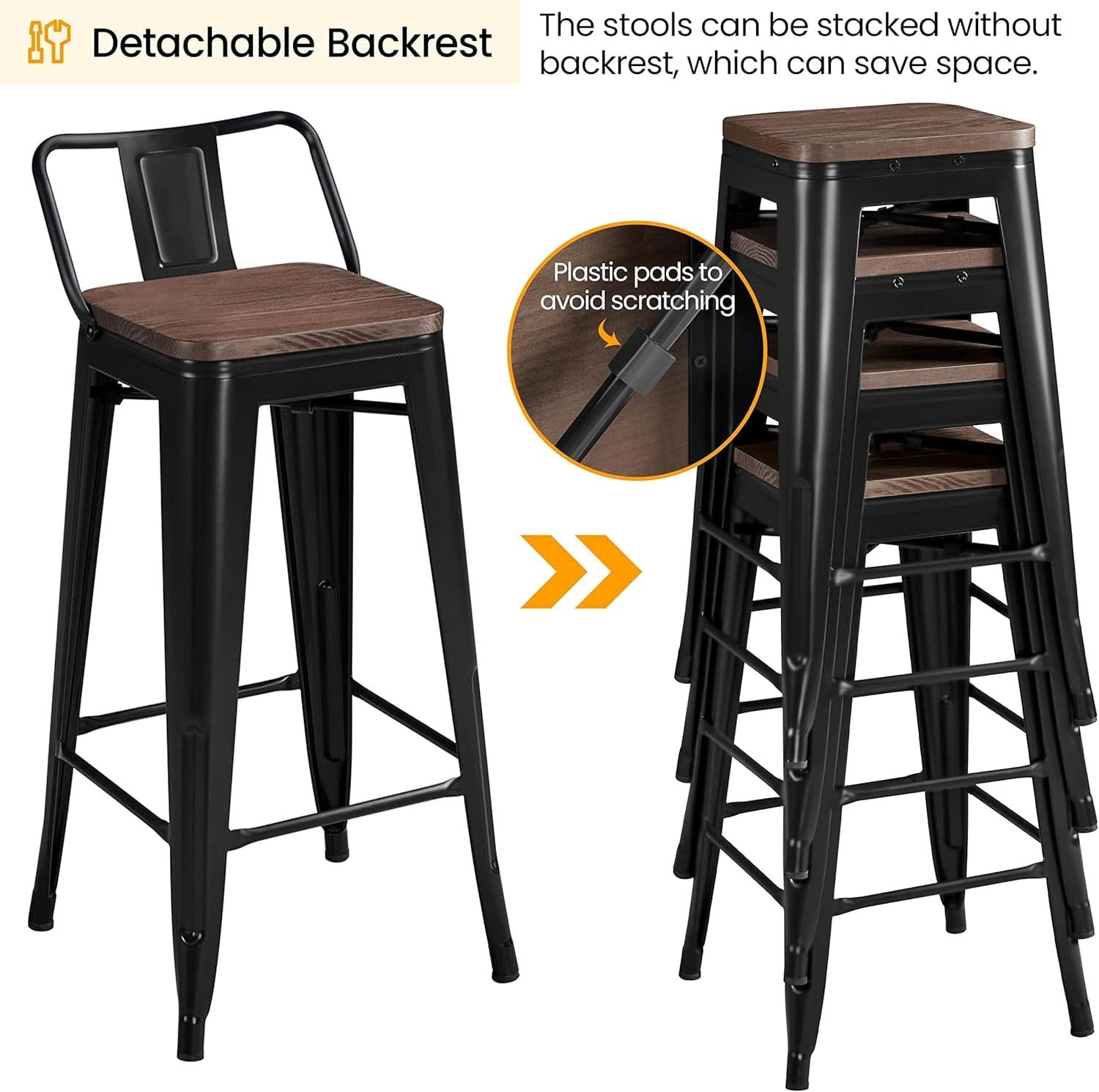 30 Inch Matte Black Metal Bar Stools Set Of 4 Wood Top