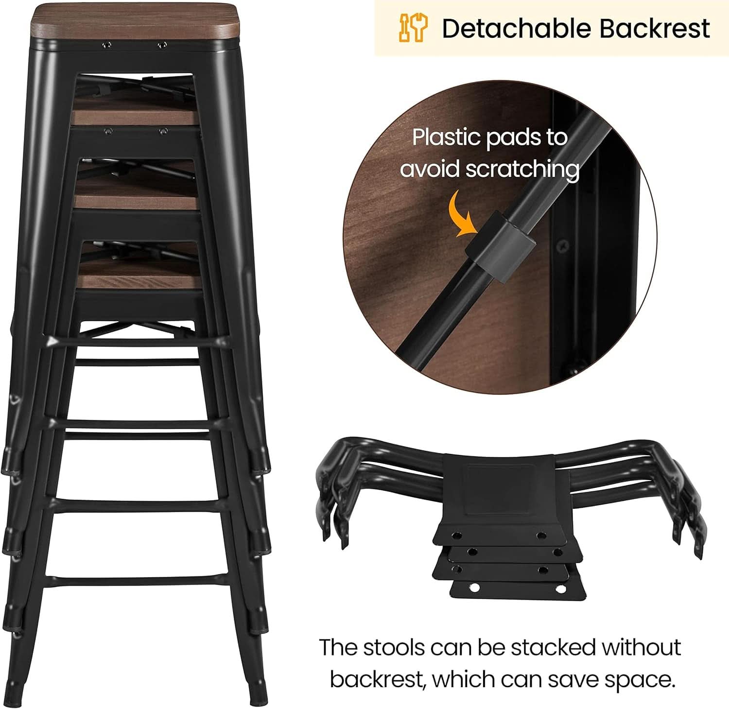 30 Inch Matte Black Metal Bar Stools Set Of 4 Wood Top