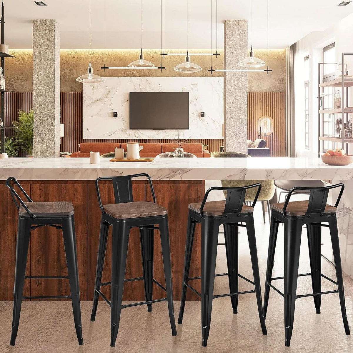 30 Inch Matte Black Metal Bar Stools Set Of 4 Wood Top