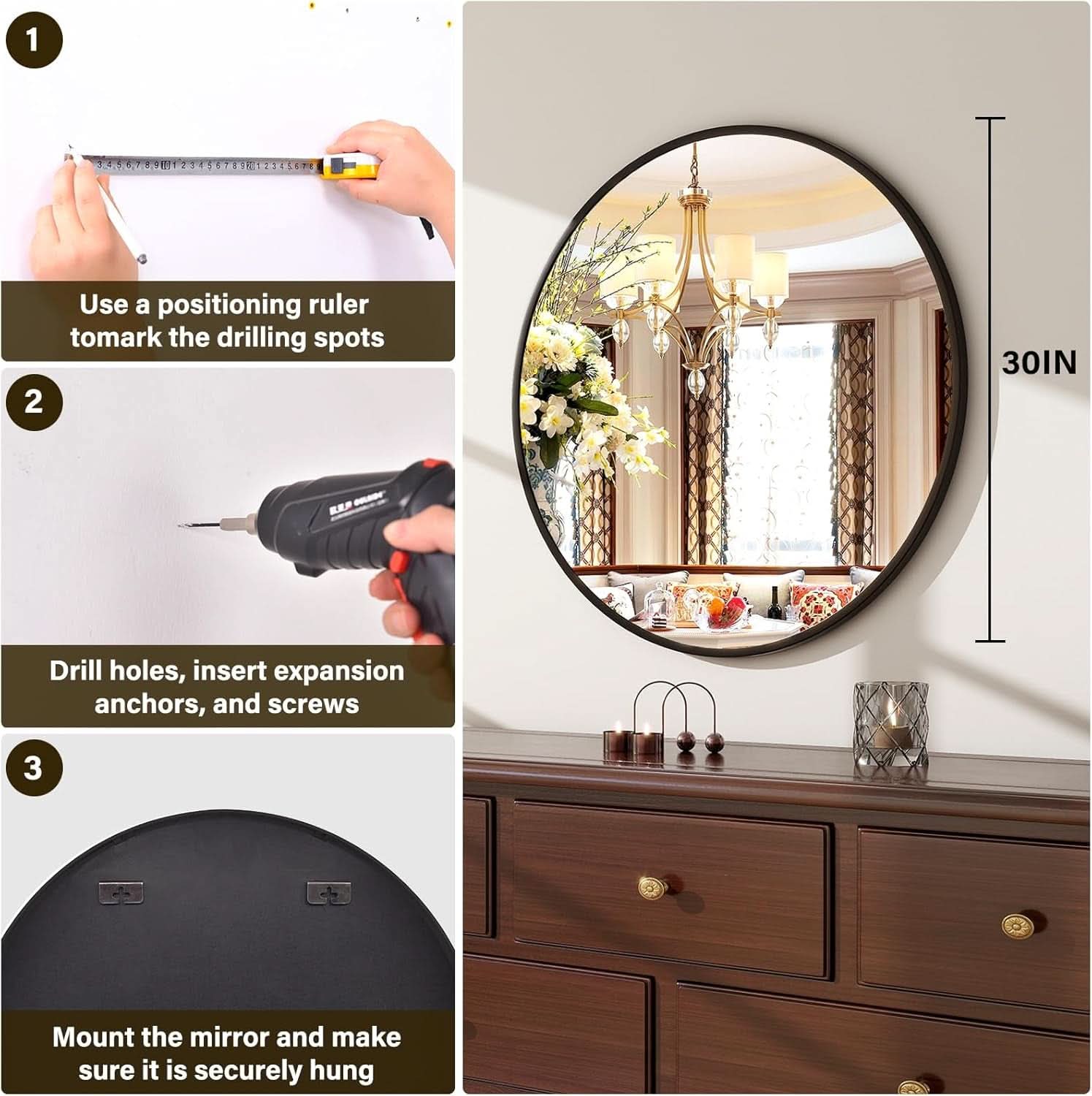 30 Inch Matte Black Round Wall Mirror Bathroom Decor