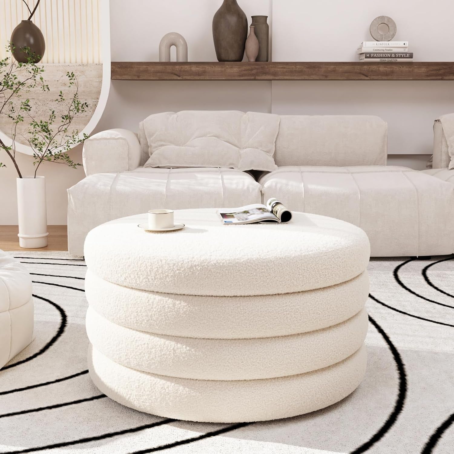 30 Inch Round Cream Ottoman Transcendent Upholstery