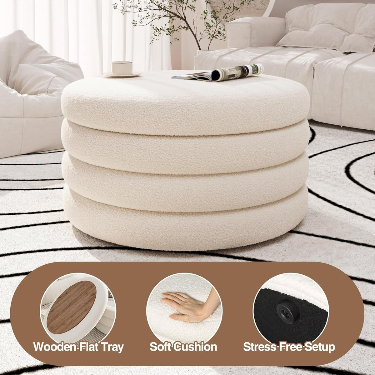30 Inch Round Cream Ottoman Transcendent Upholstery