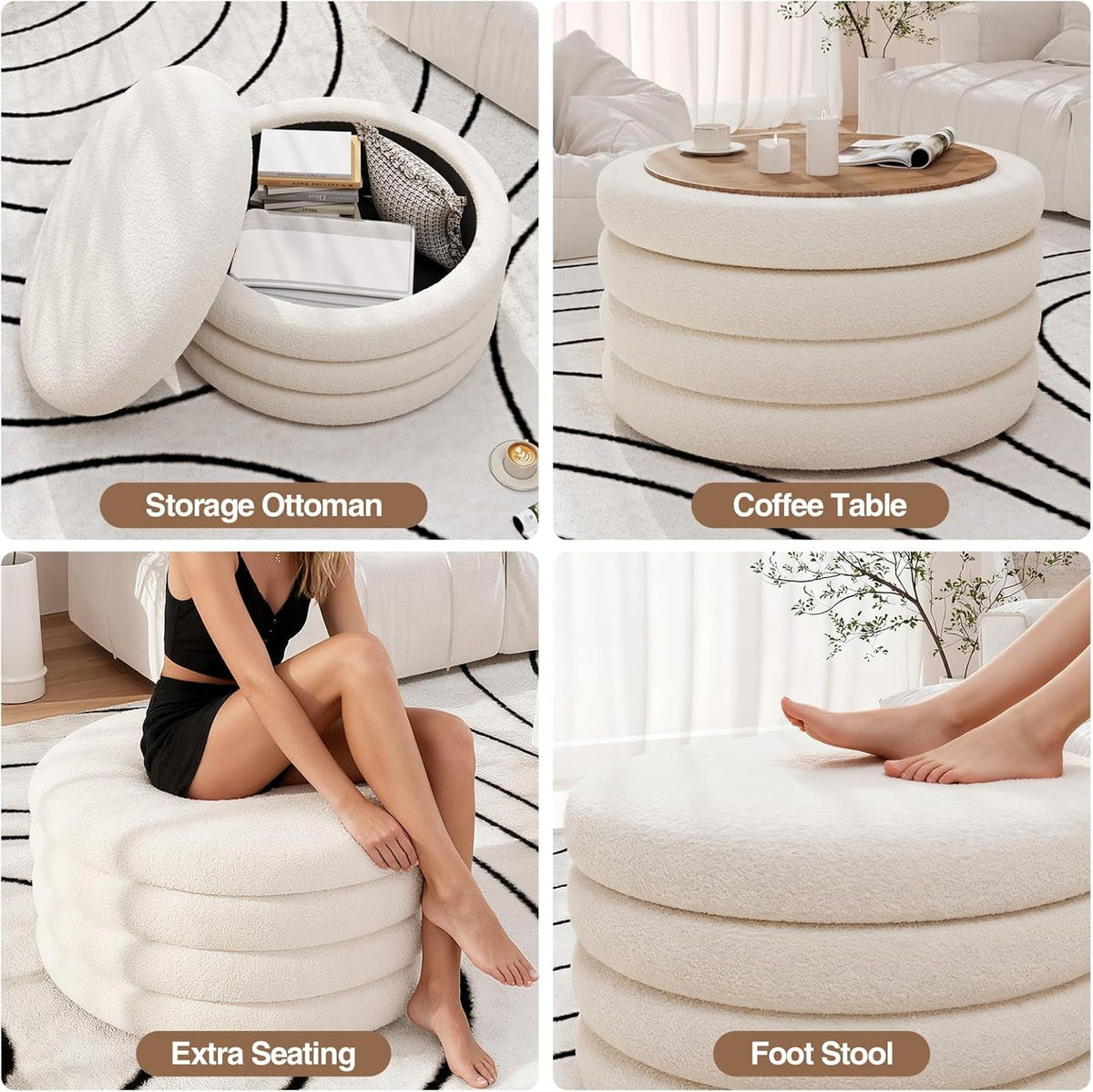 30 Inch Round Cream Ottoman Transcendent Upholstery