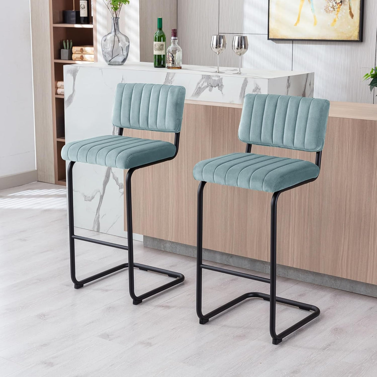 30 Inch Velvet Bar Stools With Tufted Backs, Set Of 2