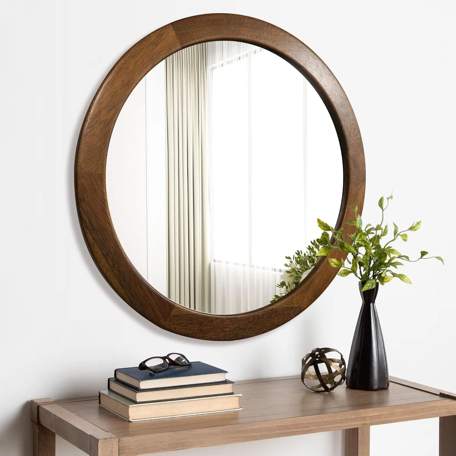 30 Inch Walnut Round Wall Mirror Rustic Style