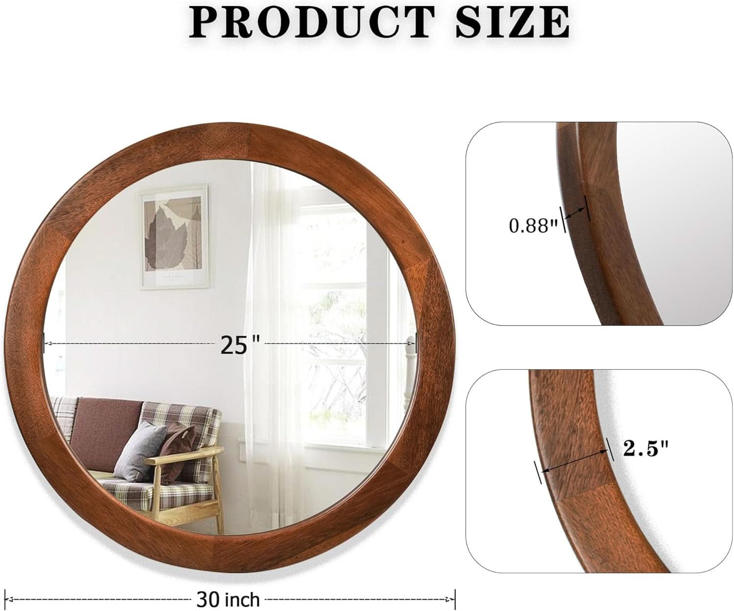 30 Inch Walnut Round Wall Mirror Rustic Style