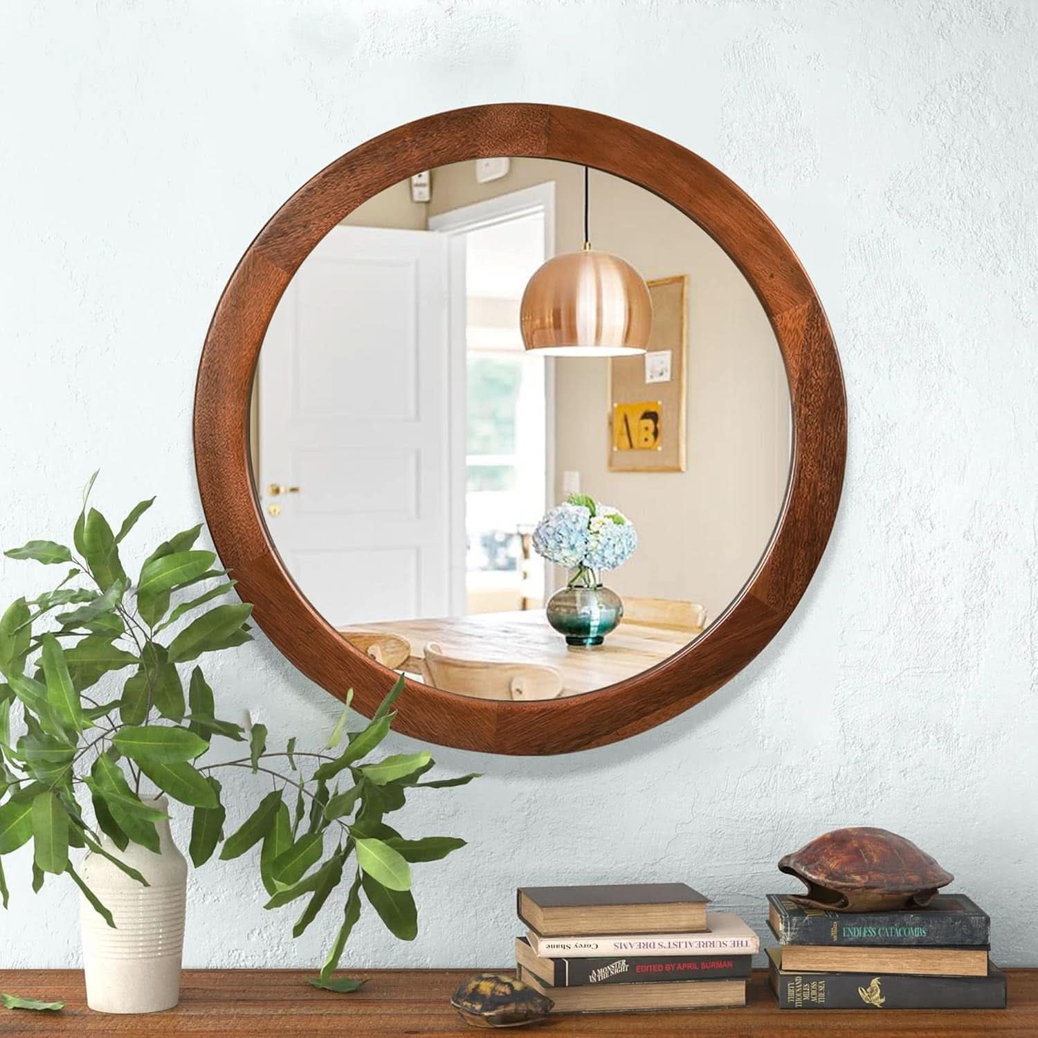 30 Inch Walnut Round Wall Mirror Rustic Style