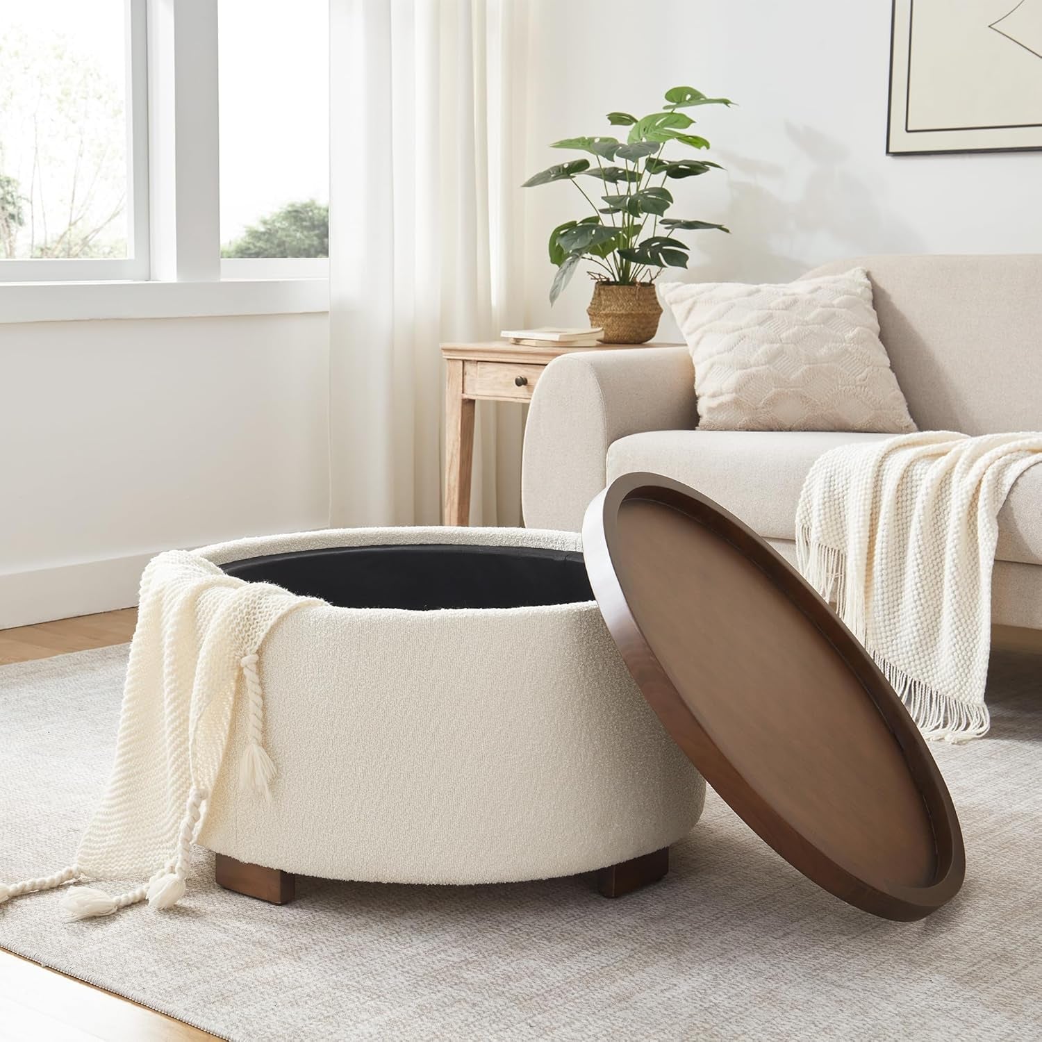 30 Inches Round Hidden Storage Ottoman Beige Boucle