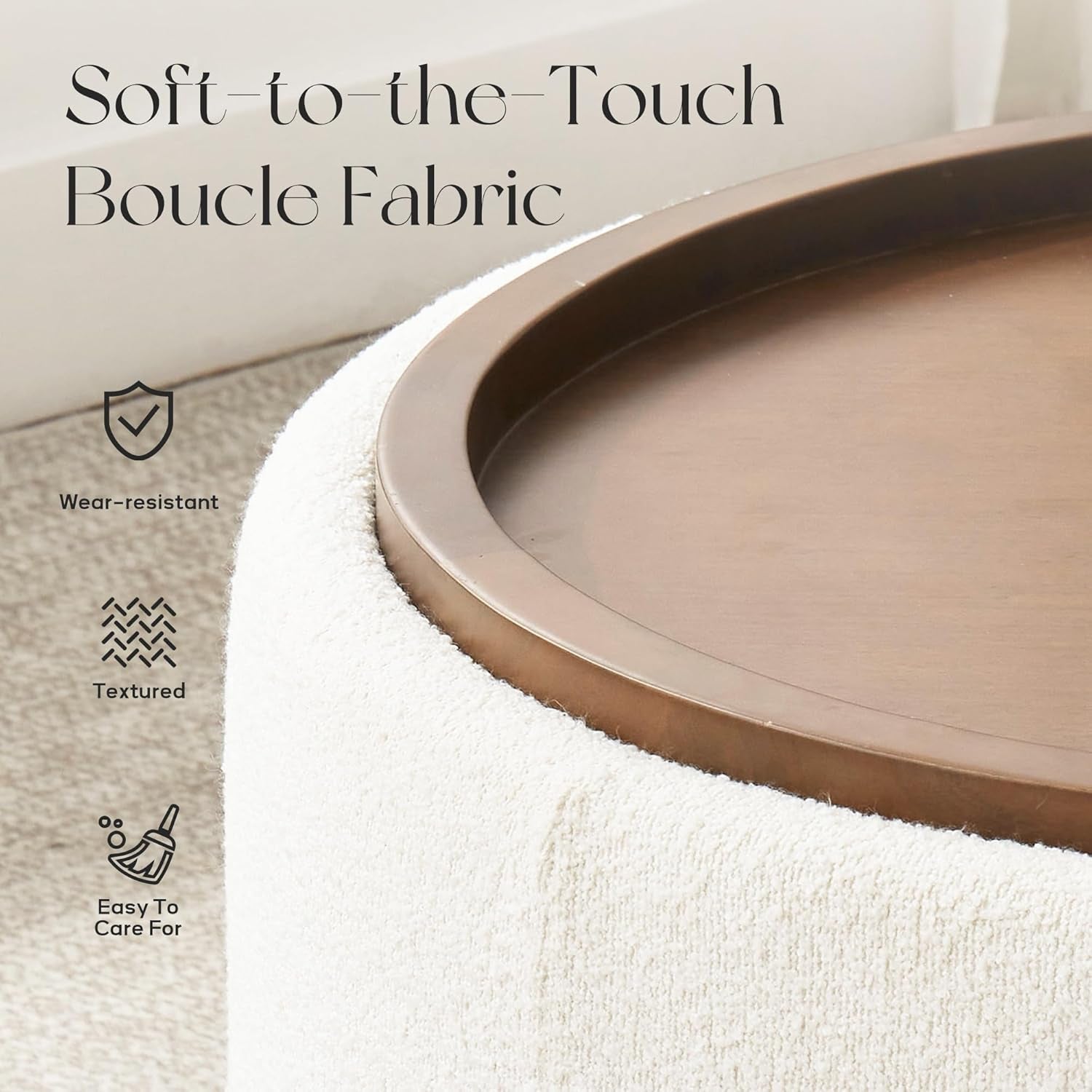30 Inches Round Hidden Storage Ottoman Beige Boucle
