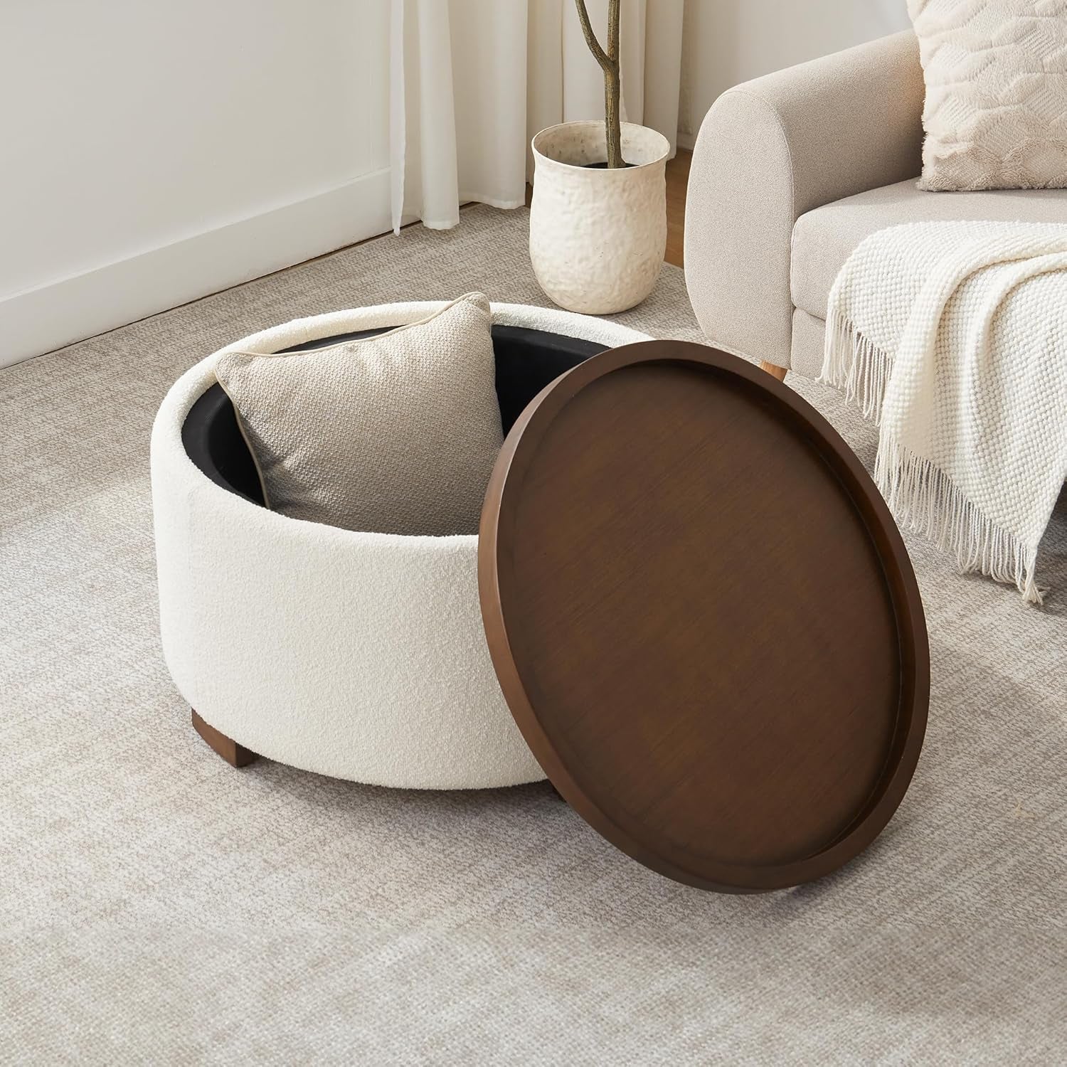 30 Inches Round Hidden Storage Ottoman Beige Boucle