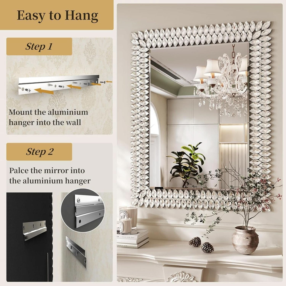 30X40 Inches Jeweled Bathroom Wall Mirror Large Rectangle Vanity Decor