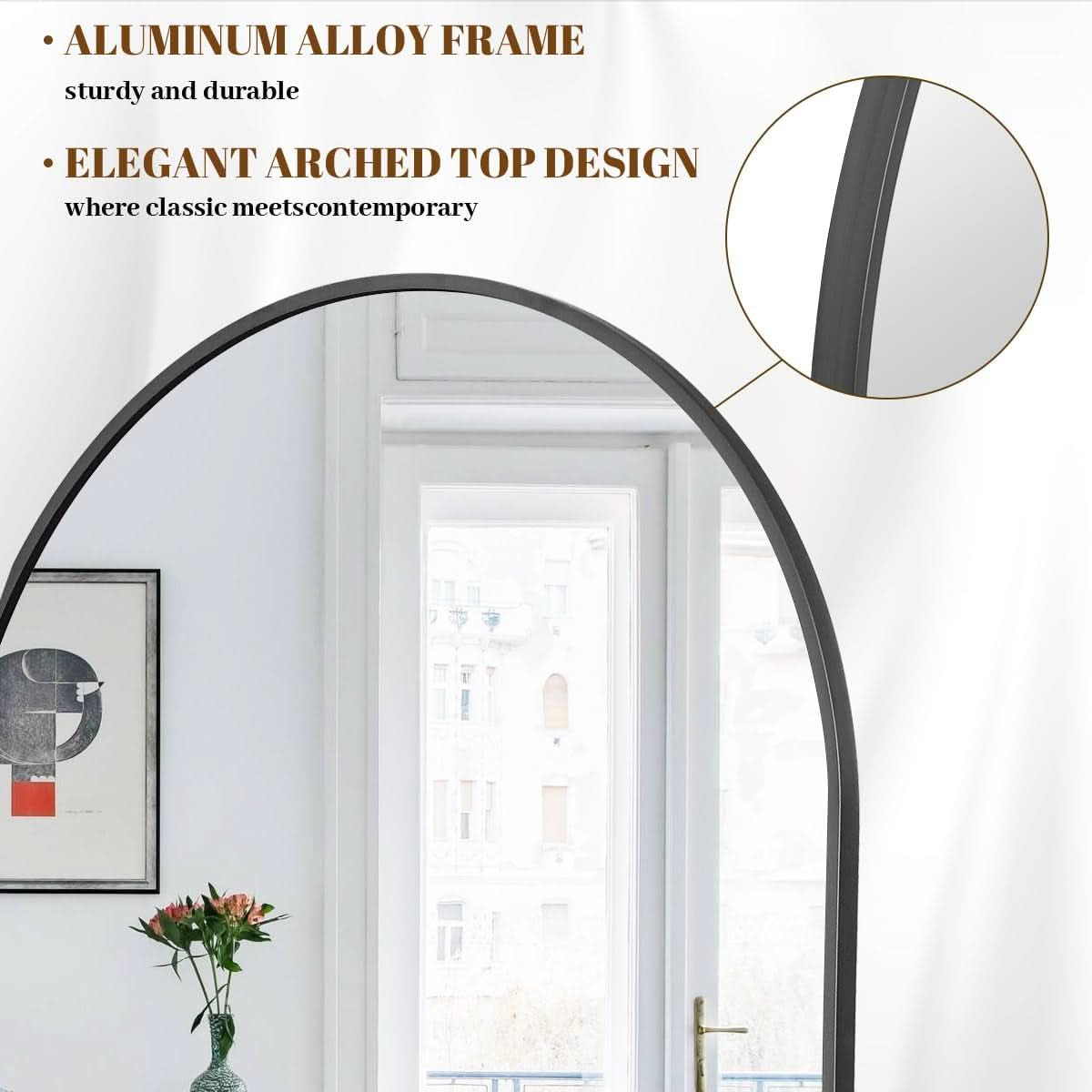 30x71 Inch Arched Full Length Mirror Black Aluminum Frame
