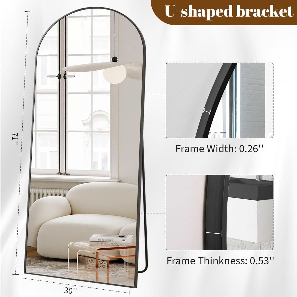 30x71 Inch Arched Full Length Mirror Black Aluminum Frame