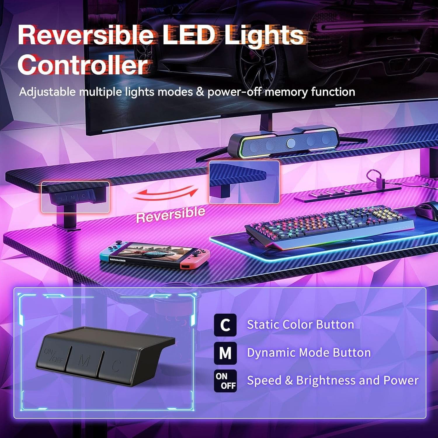 31 Inch Gaming Desk With LED Lights And Power Outlets