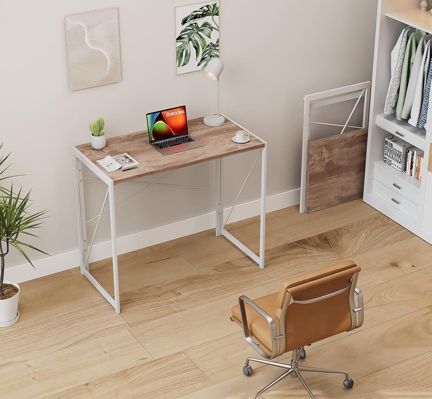 31.5 Inch Oak Folding Desk No Assembly For Small Spaces
