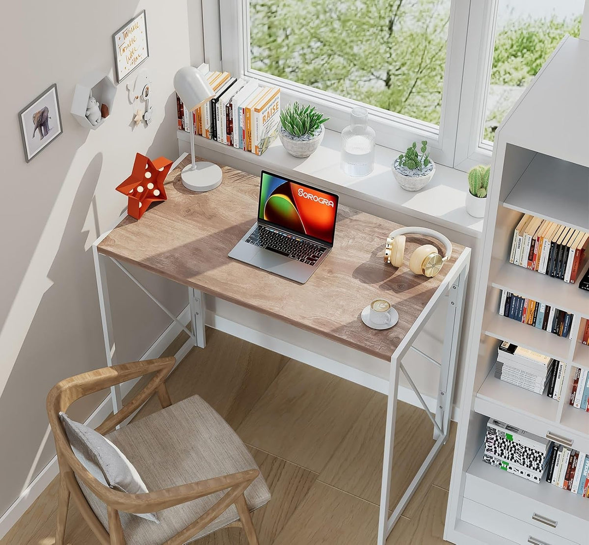 31.5 Inch Oak Folding Desk No Assembly For Small Spaces
