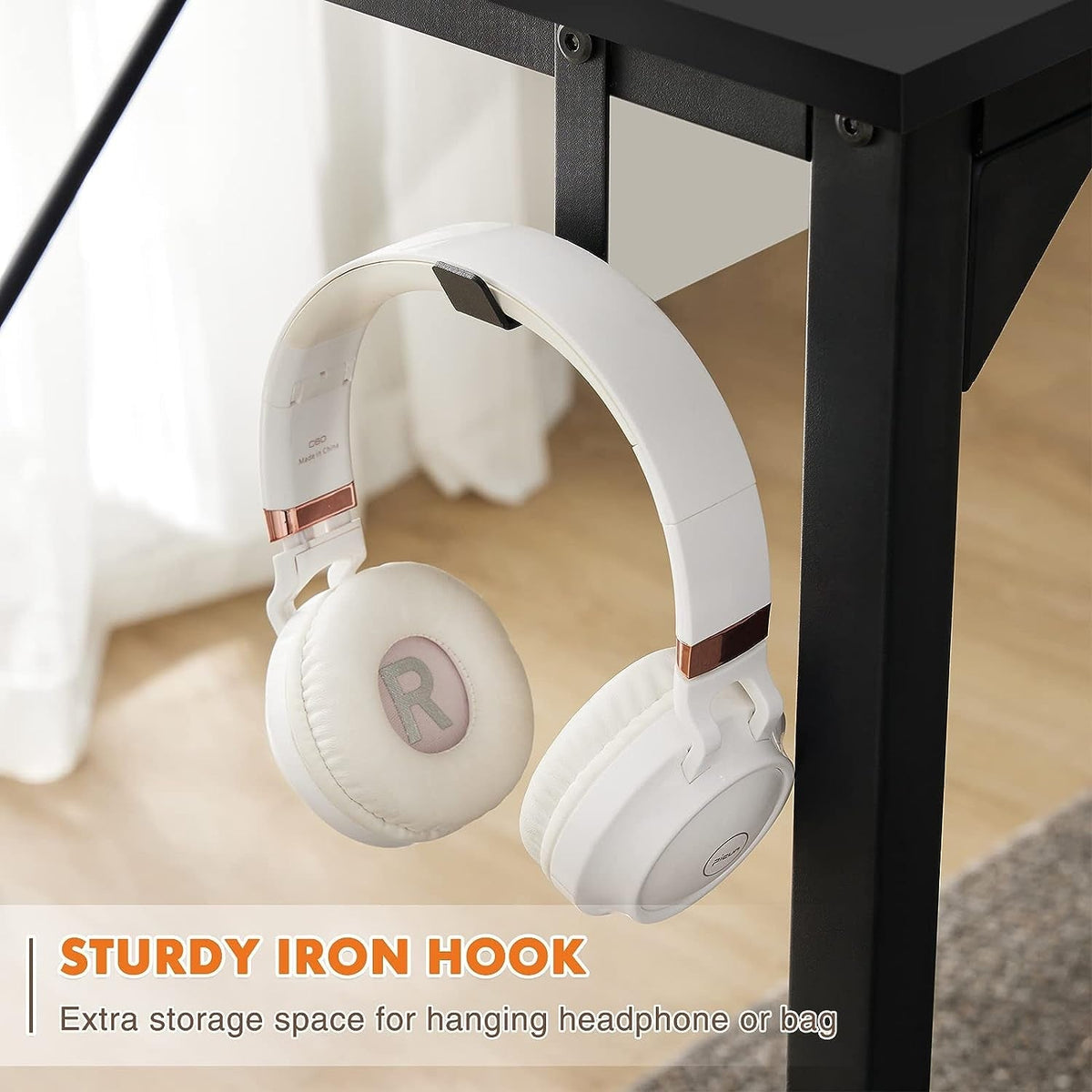 32 Inch Black Office Desk With Storage And Headphone Hooks