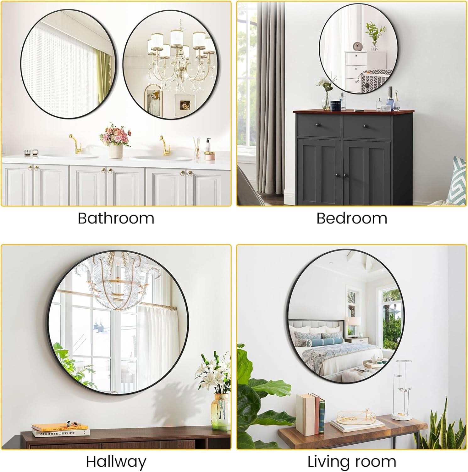 32 Inch Black Round Mirror With Metal Frame For Bathroom And Living Room
