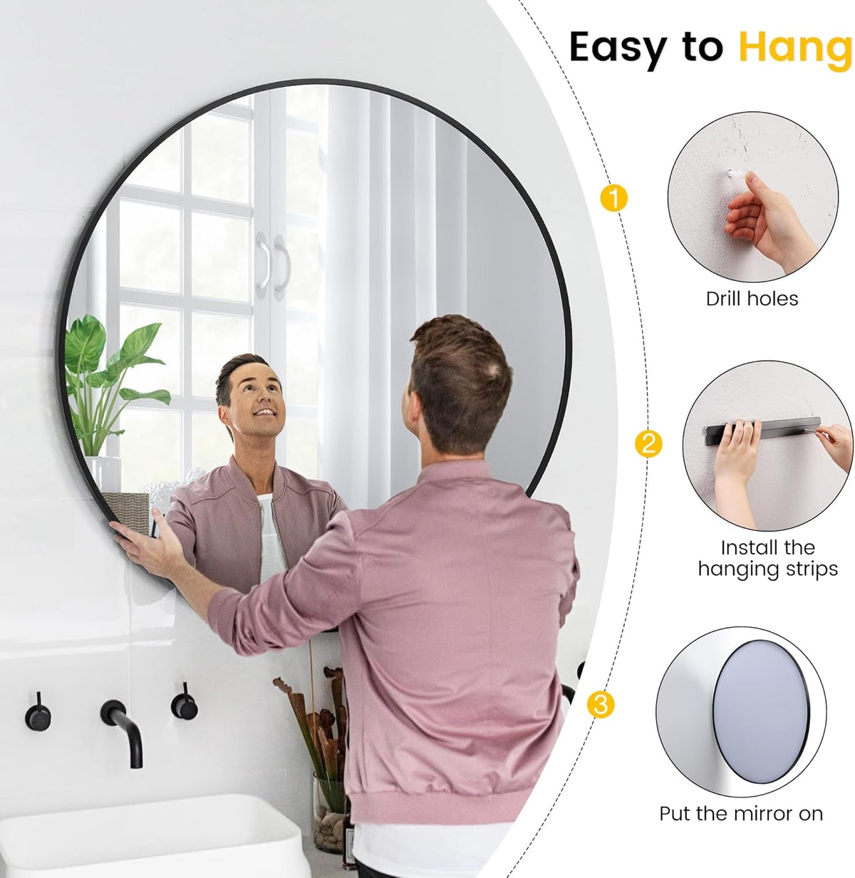 32 Inch Black Round Mirror With Metal Frame For Bathroom And Living Room