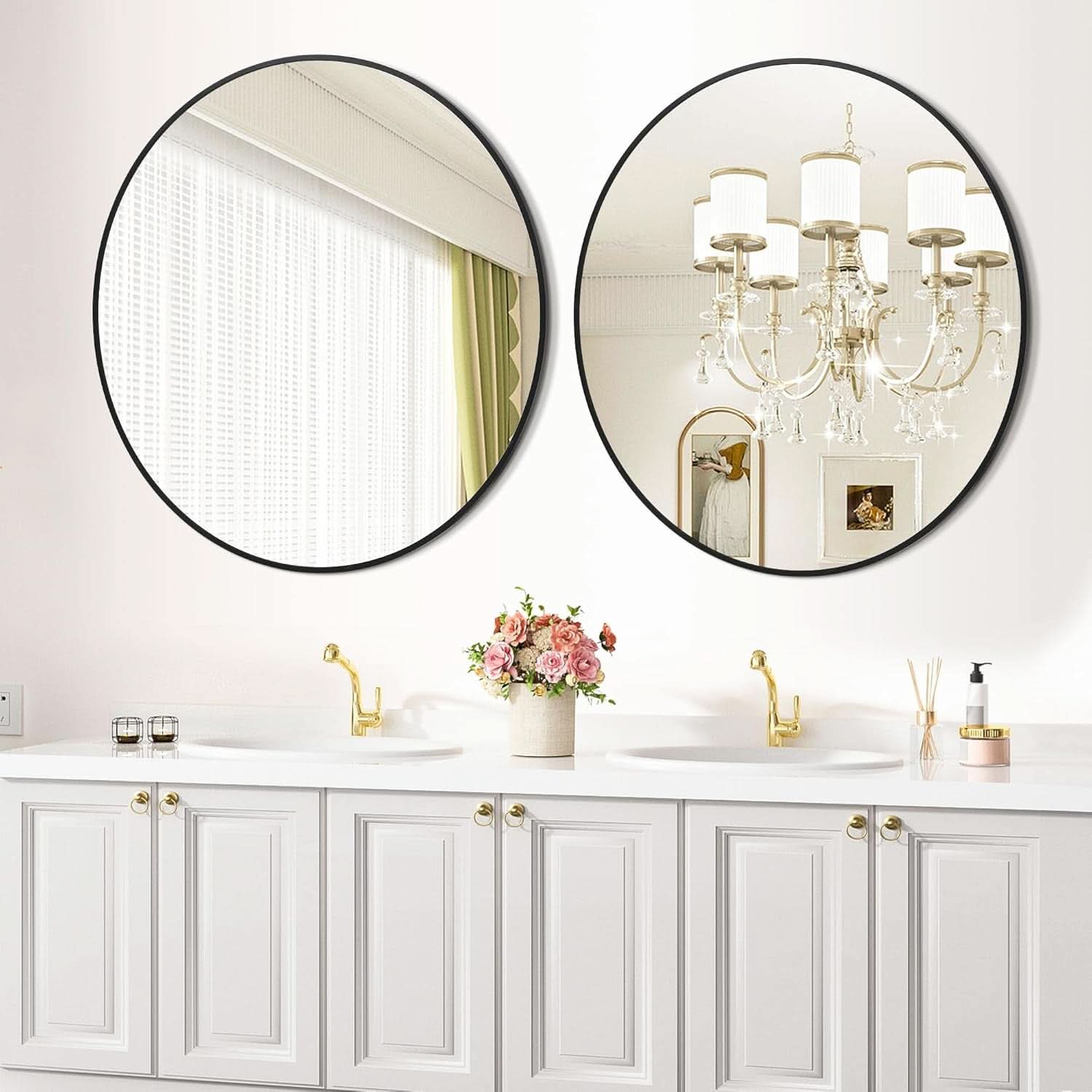 32 Inch Round Mirror With Black Metal Frame For Wall Decor