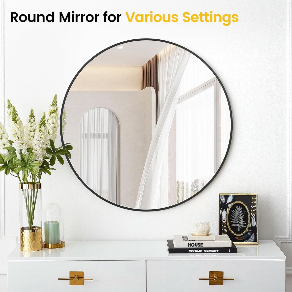 32 Inch Round Mirror With Black Metal Frame For Wall Decor