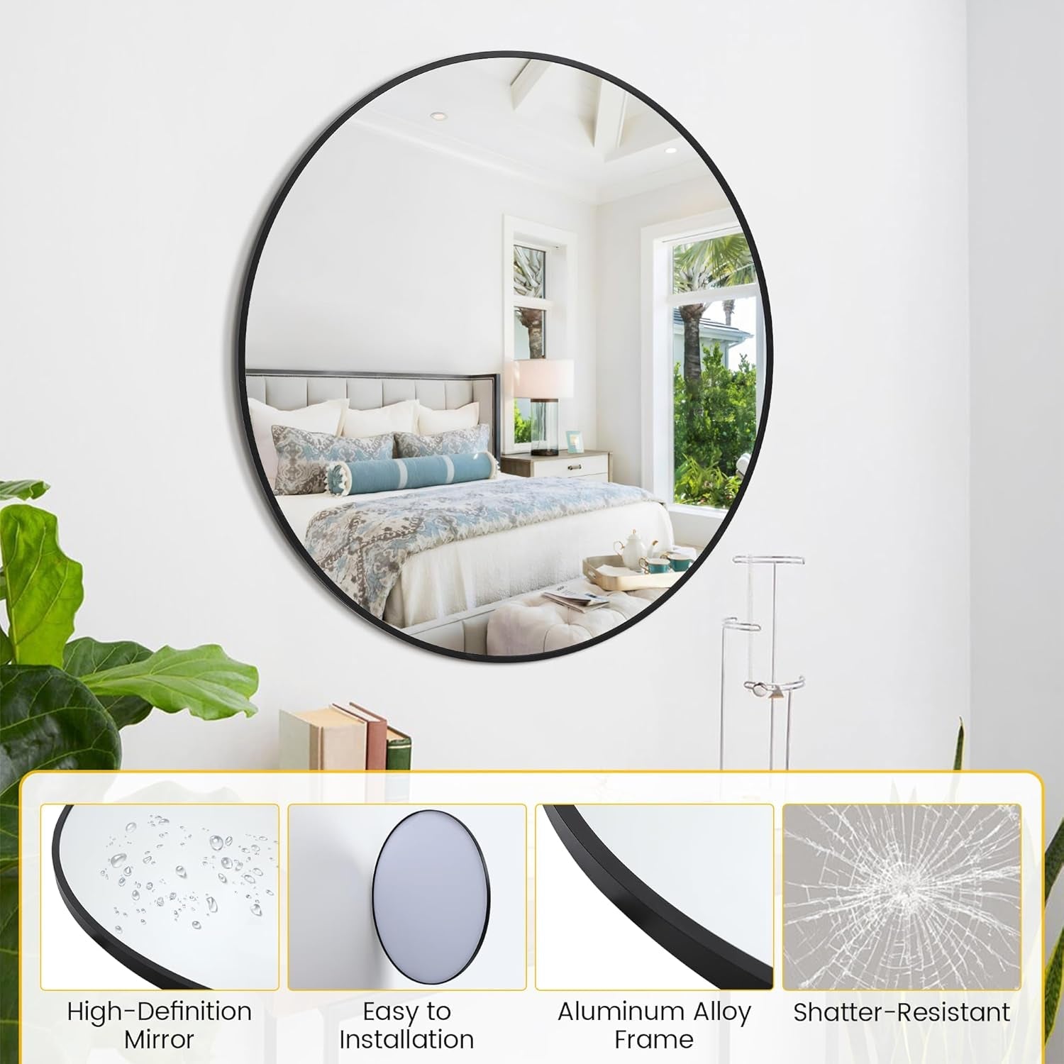 32 Inch Round Mirror With Black Metal Frame For Wall Decor