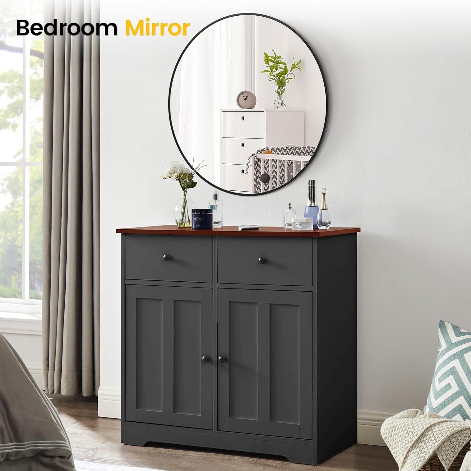32 Inch Round Mirror With Black Metal Frame For Wall Decor