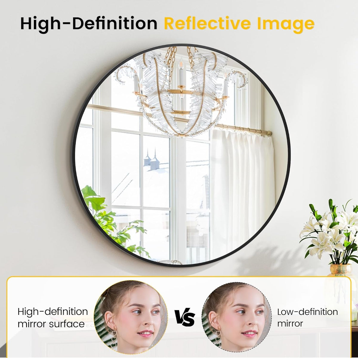 32 Inch Round Mirror With Black Metal Frame For Wall Decor