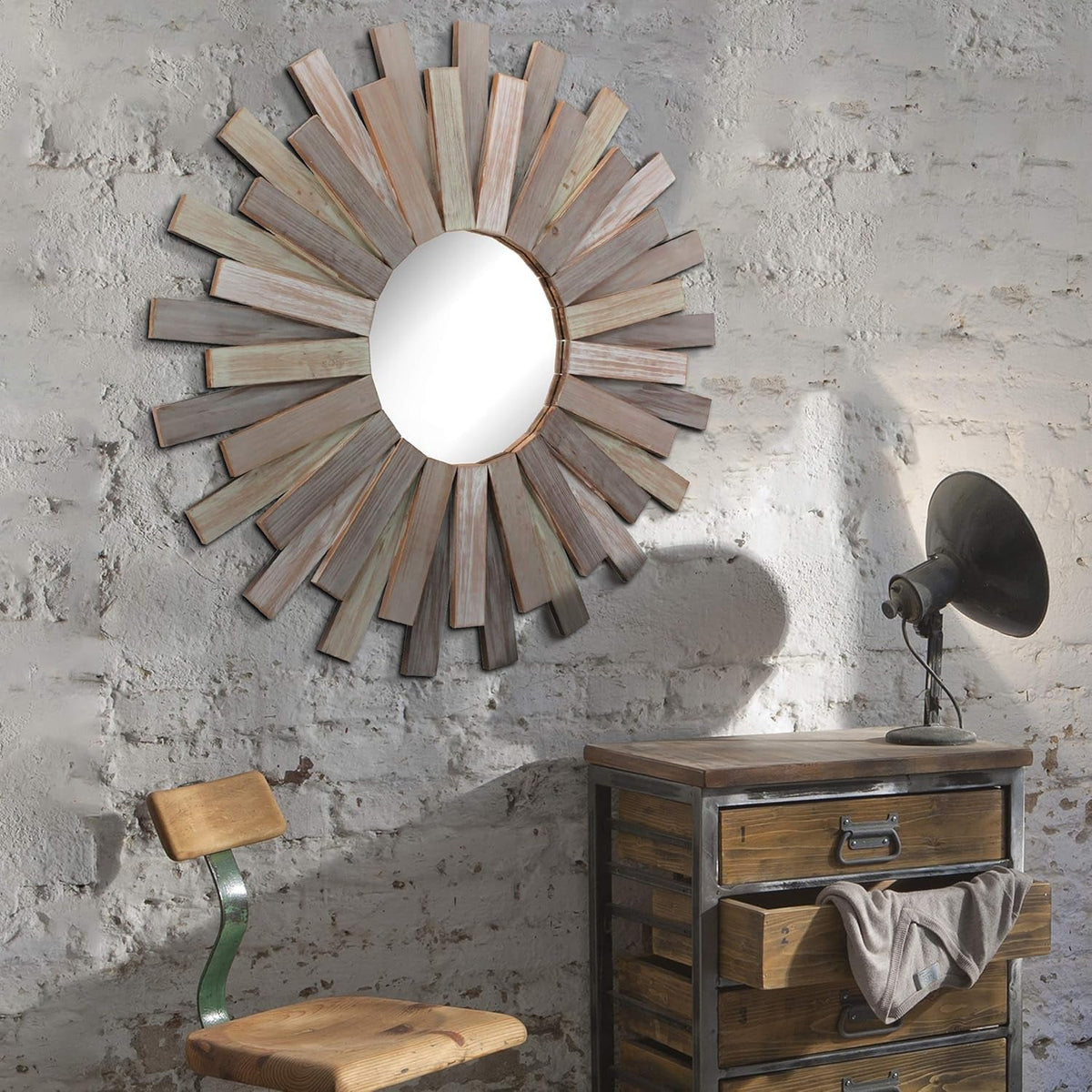 32 Inch Round Wooden Sunburst Wall Mirror Multicolor Finish