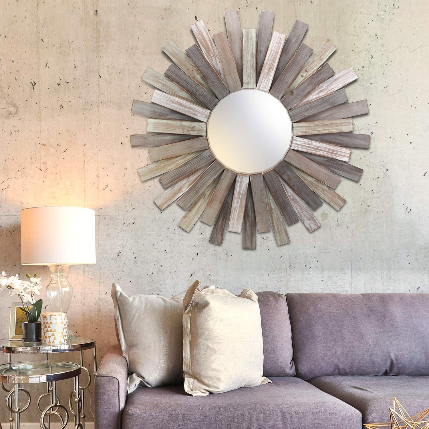 32 Inch Round Wooden Sunburst Wall Mirror Multicolor Finish