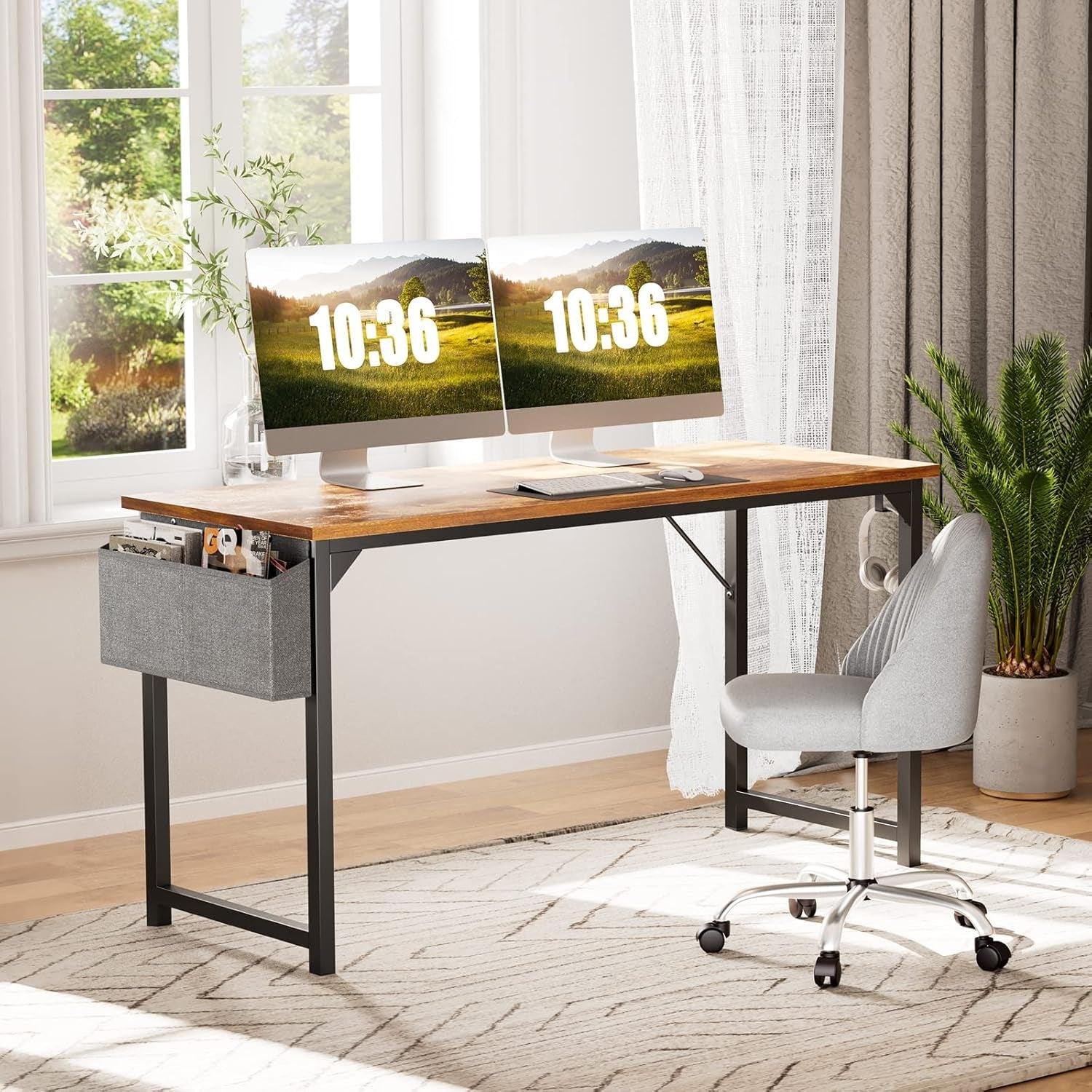 32 Inch Rustic Brown Desk With Headphone Hooks And Storage