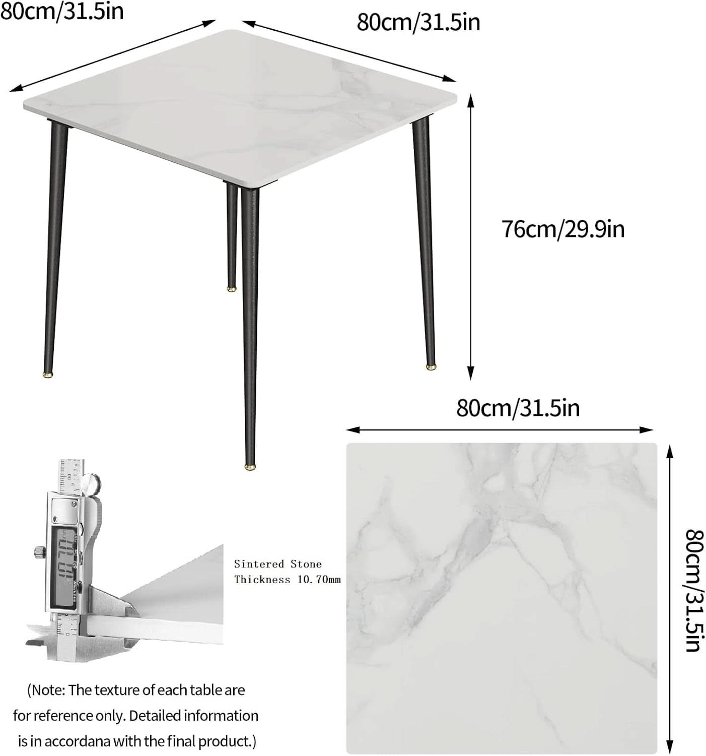 32 Inch Sintered Stone Dining Table With Black Legs