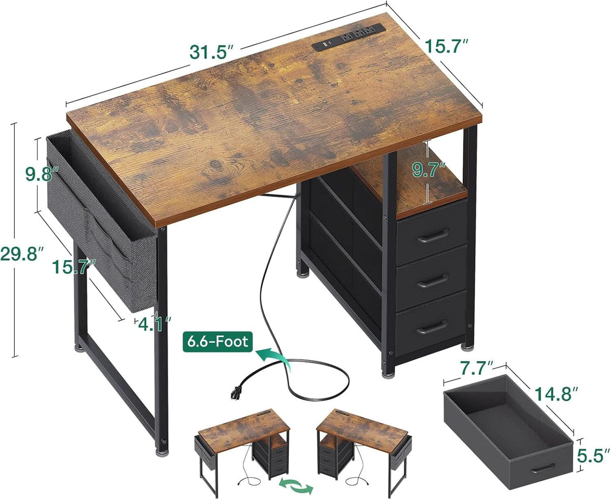 32-Inch Vintage Desk With Drawers And Charging Station