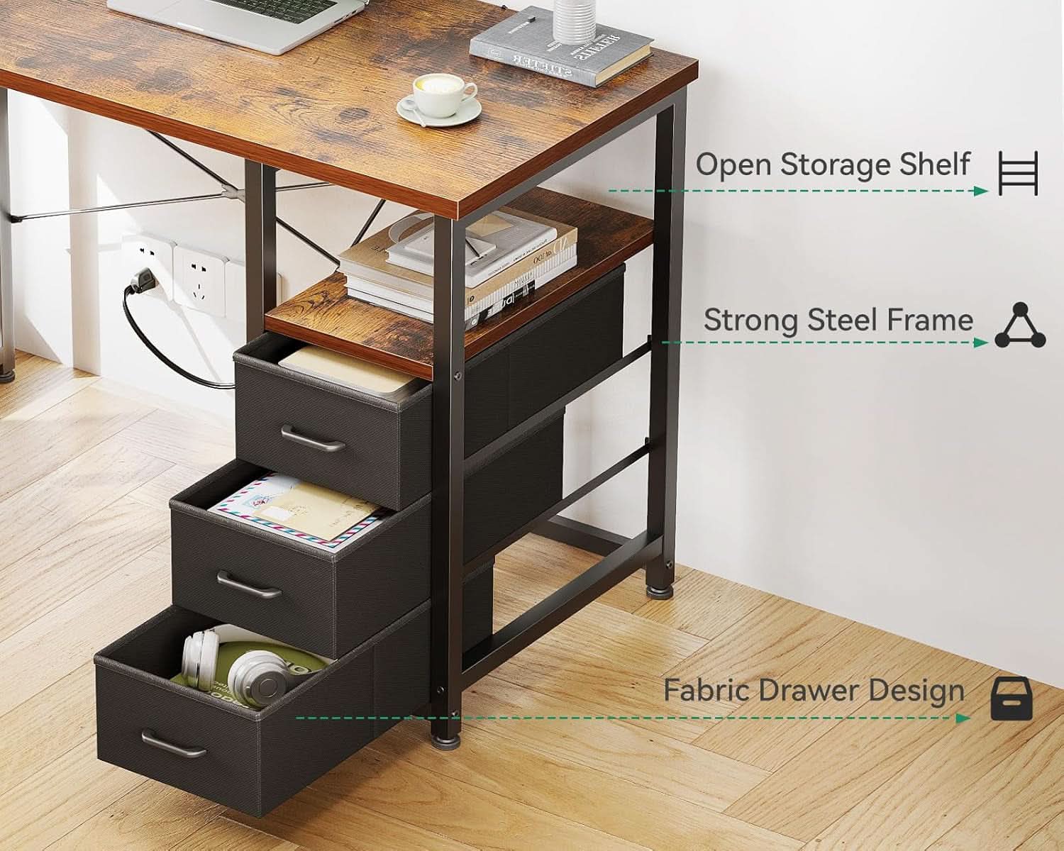 32-Inch Vintage Desk With Drawers And Charging Station