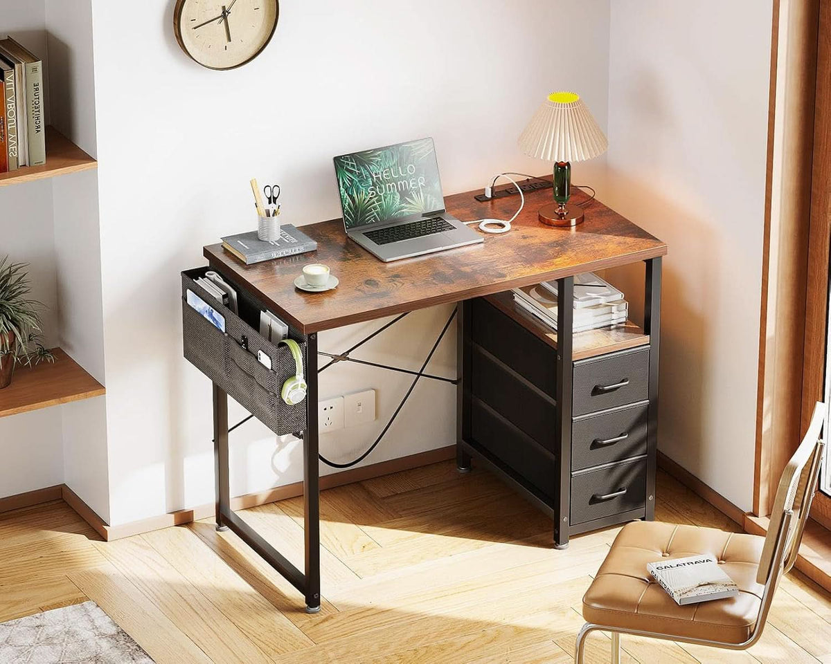 32-Inch Vintage Desk With Drawers And Charging Station