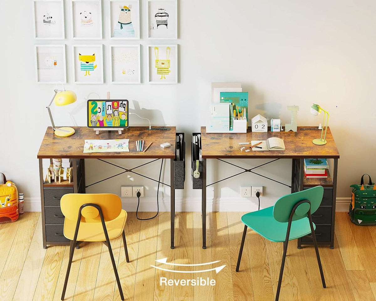 32-Inch Vintage Desk With Drawers And Charging Station